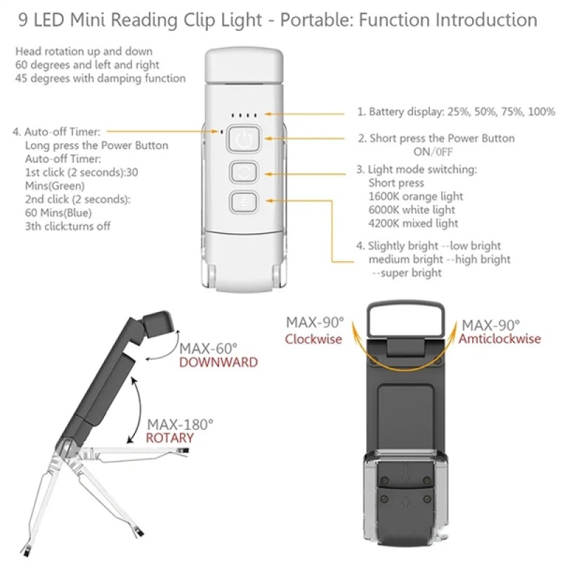 3 Color Modes Usb Rechargeable Book Light  